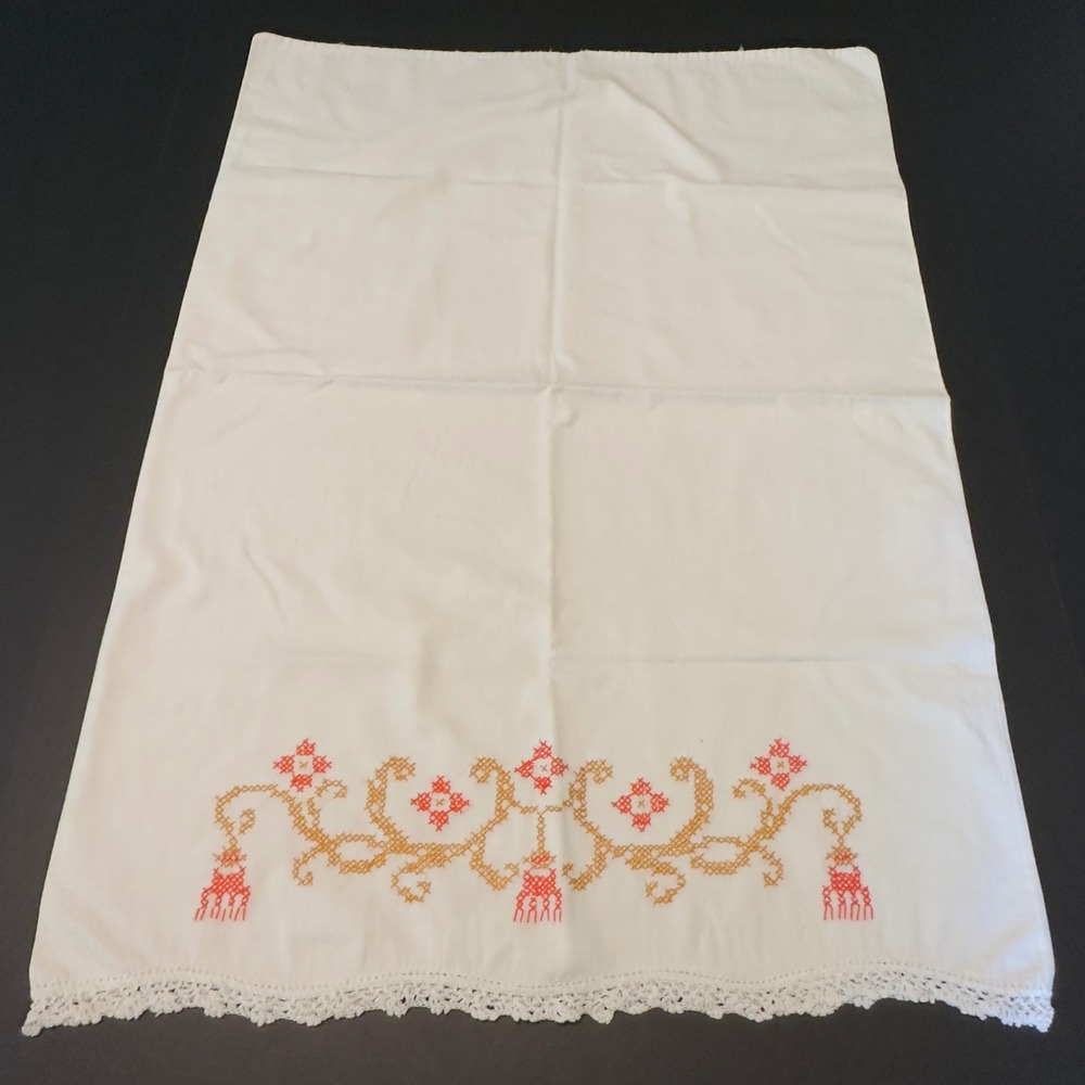Vintage Pillowcase White Handmade Orange Embroidered Cross Stitch Lace Cottage